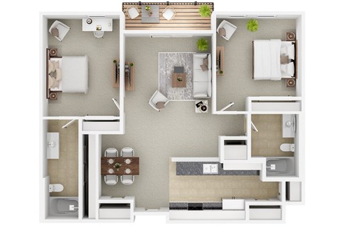 Cresta North Valley Apartments in Albuquerque, NM 3D floor plan of a Cresta North Valley 2 bedroom 2 bathroom apartment in Albuquerque, NM