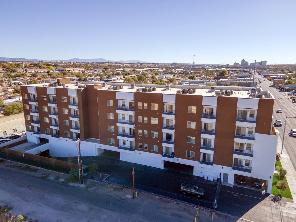 Exterior drone image of Cresta North Valley Apartments in Albuquerque, NM