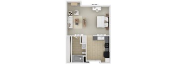 A floor plan of a small apartment with a kitchen, living room, and bathroom.