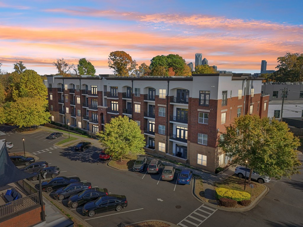 community exterior drone shot at twilight