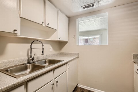 A kitchen with a sink and cabinets.