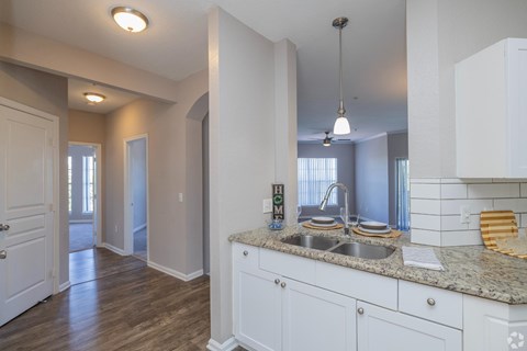 A kitchen with a sink and cabinets.