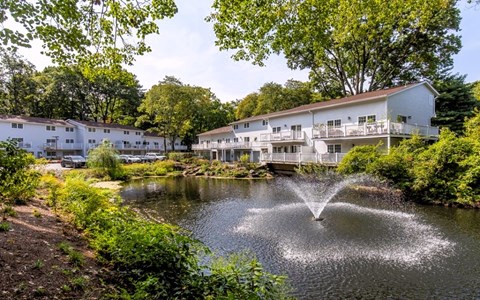 A white building is surrounded by trees and has a fountain in front of it.