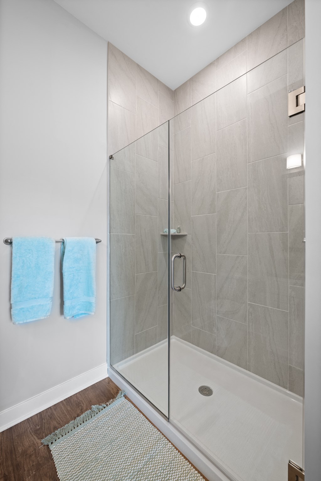 A stand-up shower with a frameless door and modern tile walls in a bathroom with hardwood-style flooring.