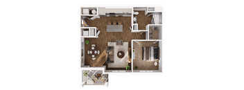 A top-down view of a house layout with a living room, dining area, kitchen, and bedrooms.