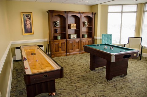A pool table and a pool cue are in the corner of a room with a pool table cabinet.