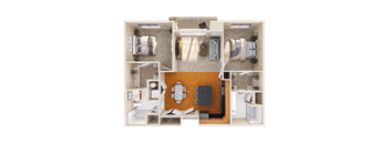 A top-down view of a small apartment layout with a kitchen, living room, and bedrooms.