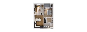 A white floor plan of a small apartment with a kitchen, living room, and bathroom.