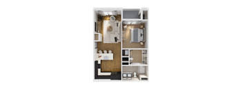 A top-down view of a small apartment with a bedroom, living room, and kitchen.