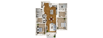 A 3D floor plan of a house with a kitchen, living room, dining room, and bedrooms.