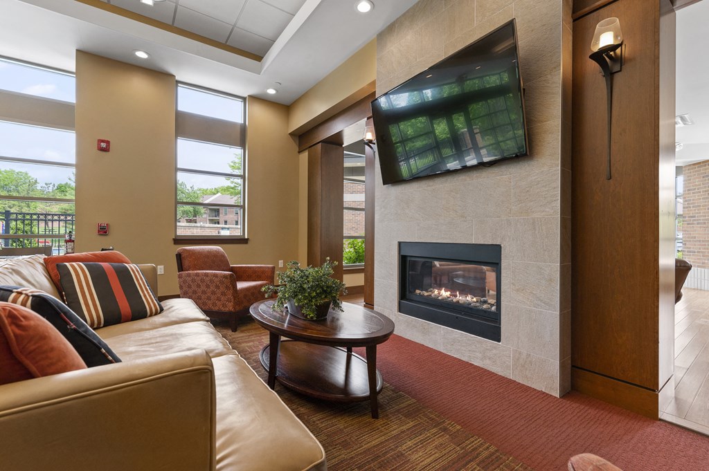 A living room with a fireplace and a flat screen TV mounted on the wall.