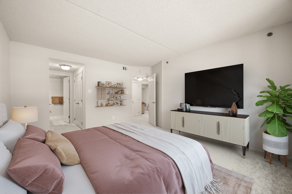 A modern bedroom with a large bed and a flat screen TV.