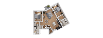 A top-down view of a house layout with a living room, kitchen, dining area, and bedrooms.