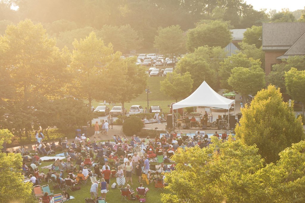 A large crowd of people are gathered in a park for an event.