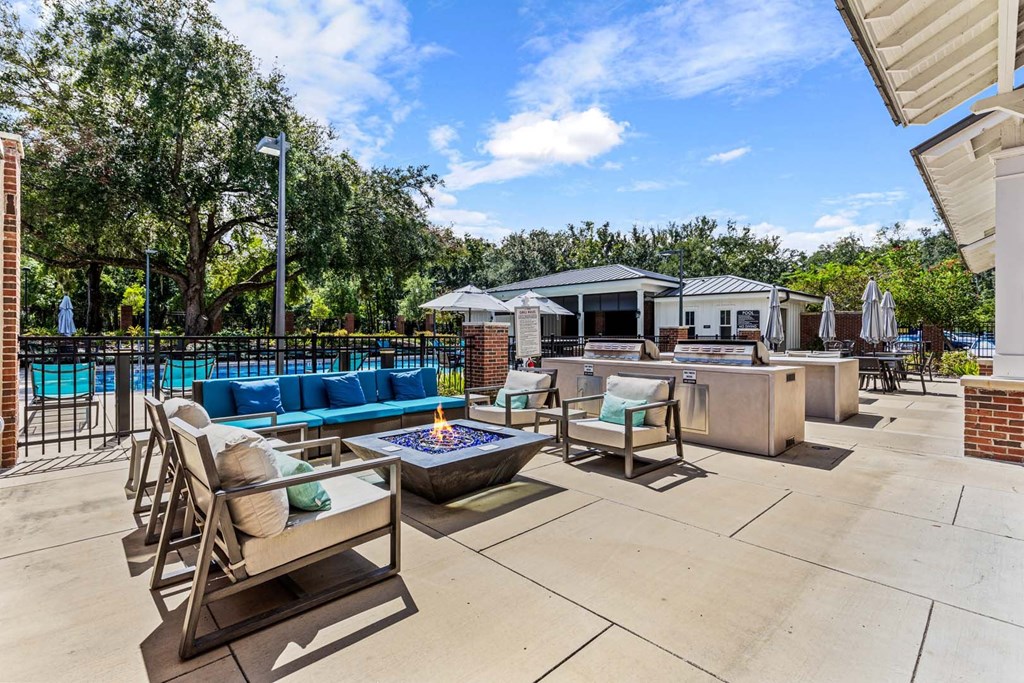 A patio with a fire pit and seating area.