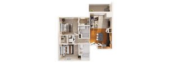 A 3D floor plan of a small apartment with a kitchen, living room, and bathroom.