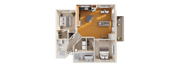 A top-down view of a house layout with a living room, kitchen, and bedrooms.