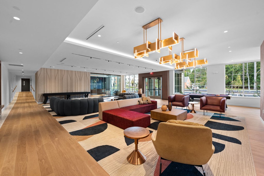 Elegant lobby at Hamilton at Eagleview with comfortable seating and stunning light fixtures, Exton, PA