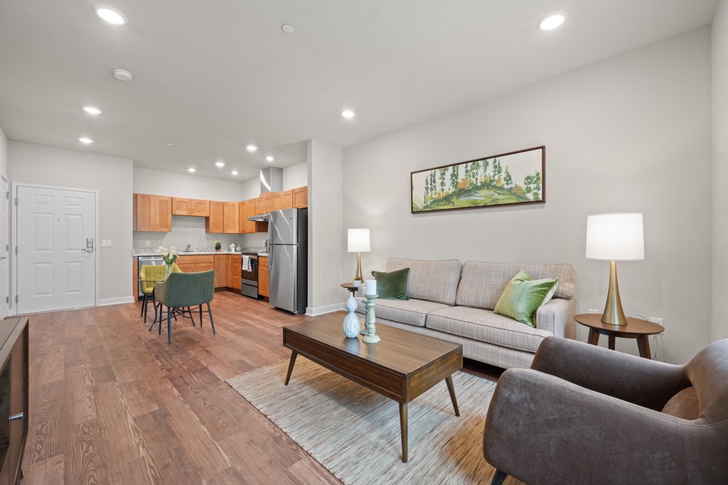 a living room with a couch and a table