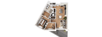 A 3D rendered image of a house layout.