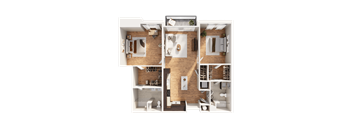 A top-down view of a house floor plan with a kitchen, living room, dining area, and bedrooms.