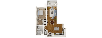 A detailed 3D floor plan of a small apartment layout.