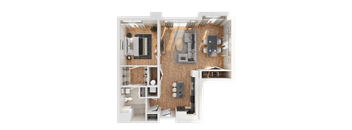 A top-down view of a two-story apartment with a living room, kitchen, and bedrooms.