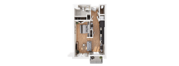A top-down view of a house layout with a kitchen, living room, and bathroom.