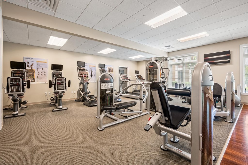 A gym with a variety of equipment including treadmills, weights, and exercise machines.