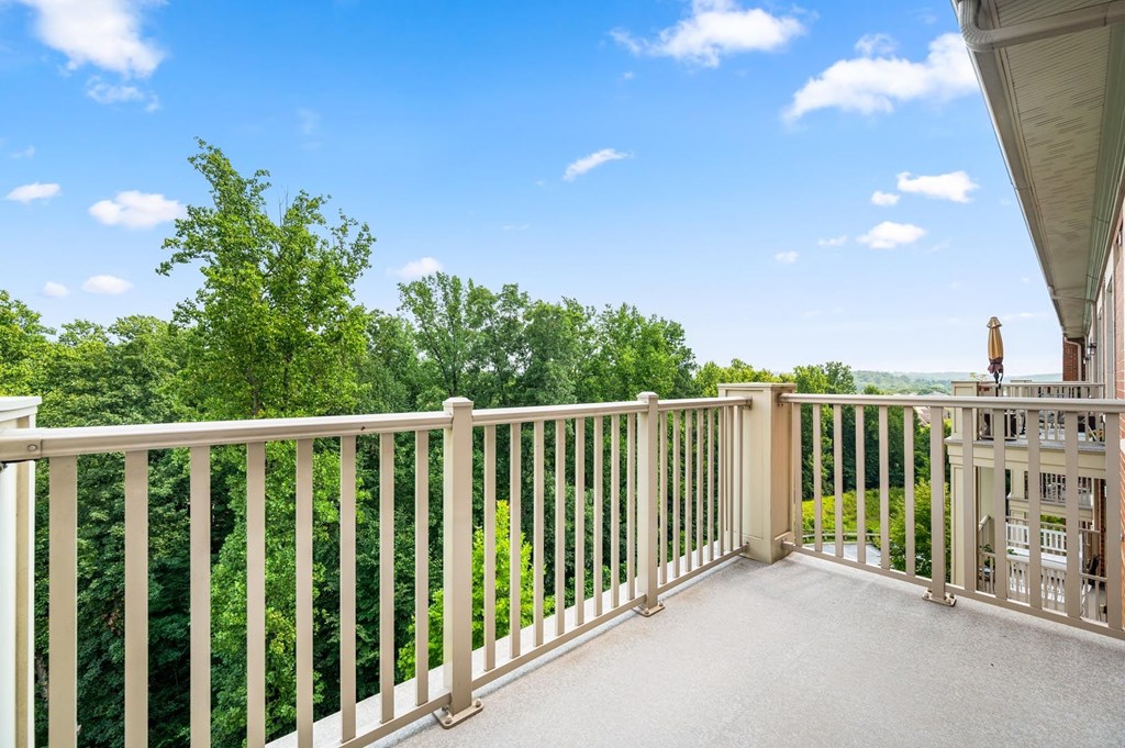 A balcony with a railing overlooking a green landscape.