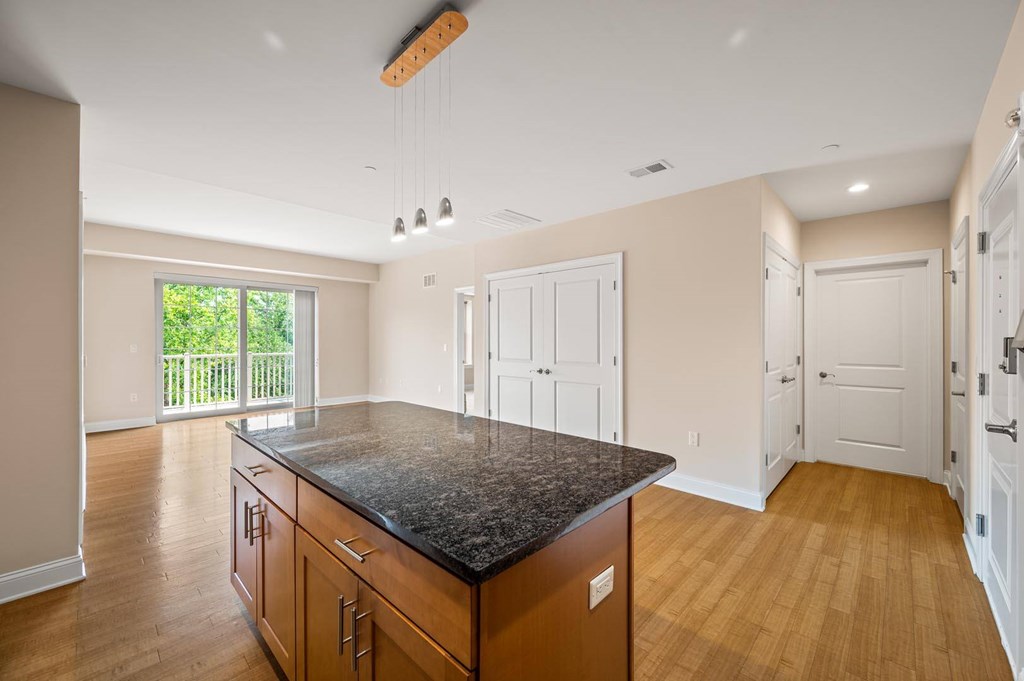 A kitchen with a black granite countertop and wooden cabinets.