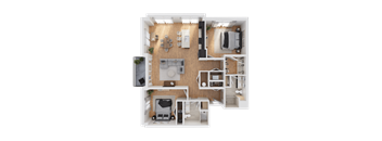 A top-down view of a house layout with a kitchen, living room, and bedrooms.