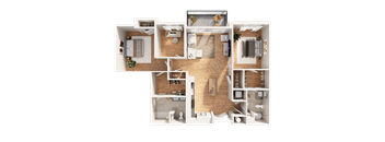 A top-down view of a two-story apartment layout with a living room, kitchen, dining area, and bedrooms.