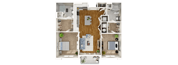 A top-down view of a house layout with a kitchen, living room, and bedrooms.