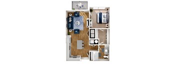 A floor plan of a house with a kitchen, living room, dining room, and bathroom.