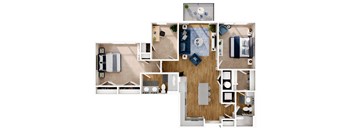 A floor plan of a house with a kitchen, living room, dining room, and two bedrooms.