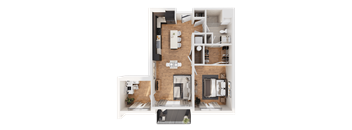 A top-down view of a modern apartment layout.