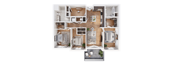 A top-down view of a house layout with multiple rooms and furniture.
