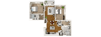 A floor plan of a house with a kitchen, living room, dining room, and bedrooms.