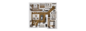 A detailed 3D floor plan of a modern apartment.