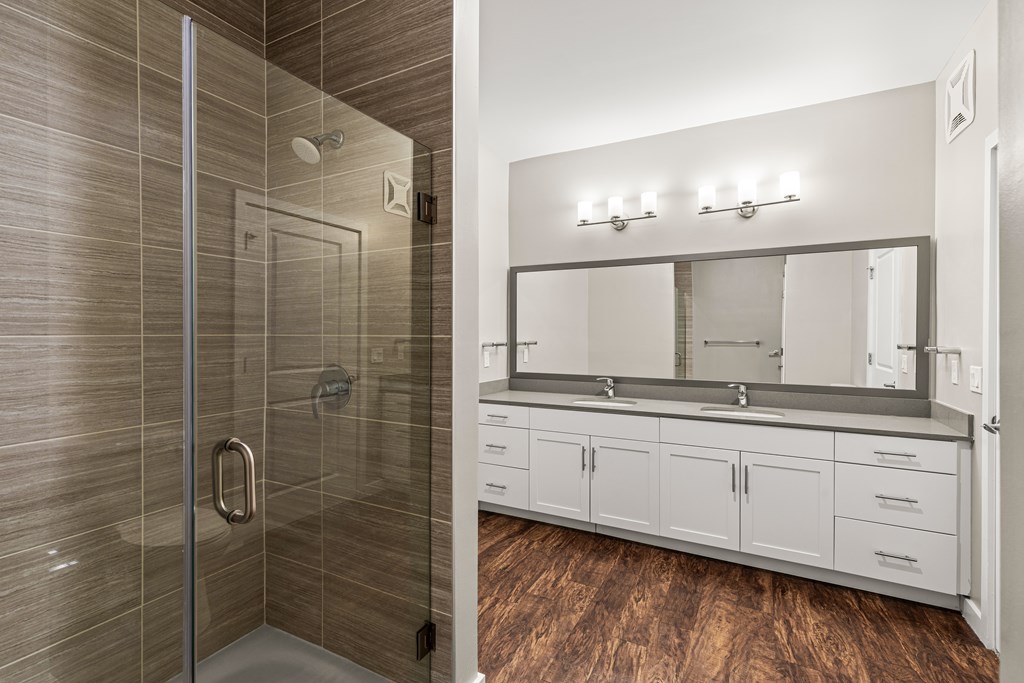 A bathroom with a walk in shower and a vanity with a mirror above it.