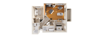 A 3D floor plan of a house showing a kitchen, living room, and two bedrooms.