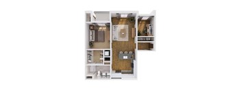 A white dollhouse with a kitchen, living room, and bedroom.