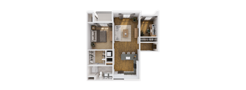 A detailed 3D floor plan of a modern apartment layout.