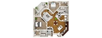 A detailed 3D floor plan of a house layout.