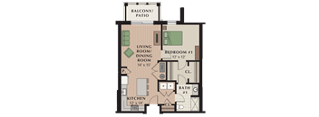 a floor plan of a bedroom apartment with a living room and dining room