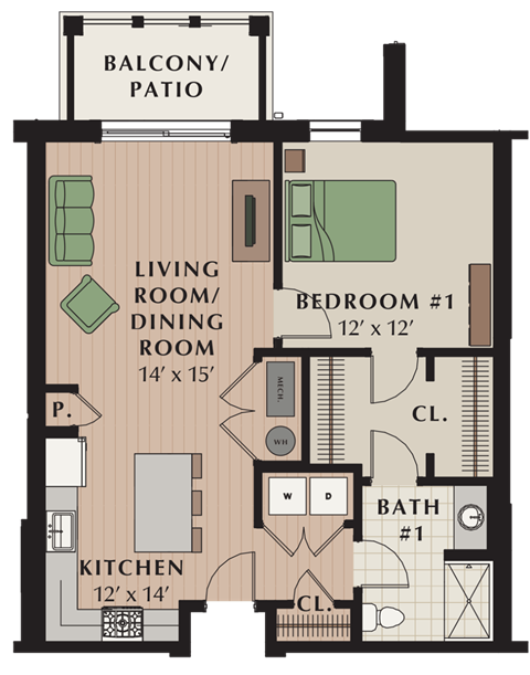 a floor plan of a bedroom apartment with a living room and dining room