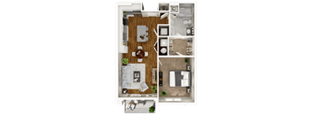 A top-down view of a living room, kitchen, and bedroom layout.