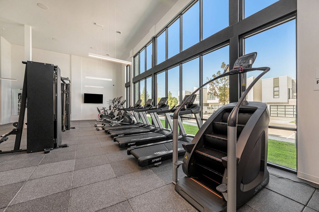 a gym with rows of cardio equipment and large windows  at Signature at West Pryor, Lee's Summit, 64081