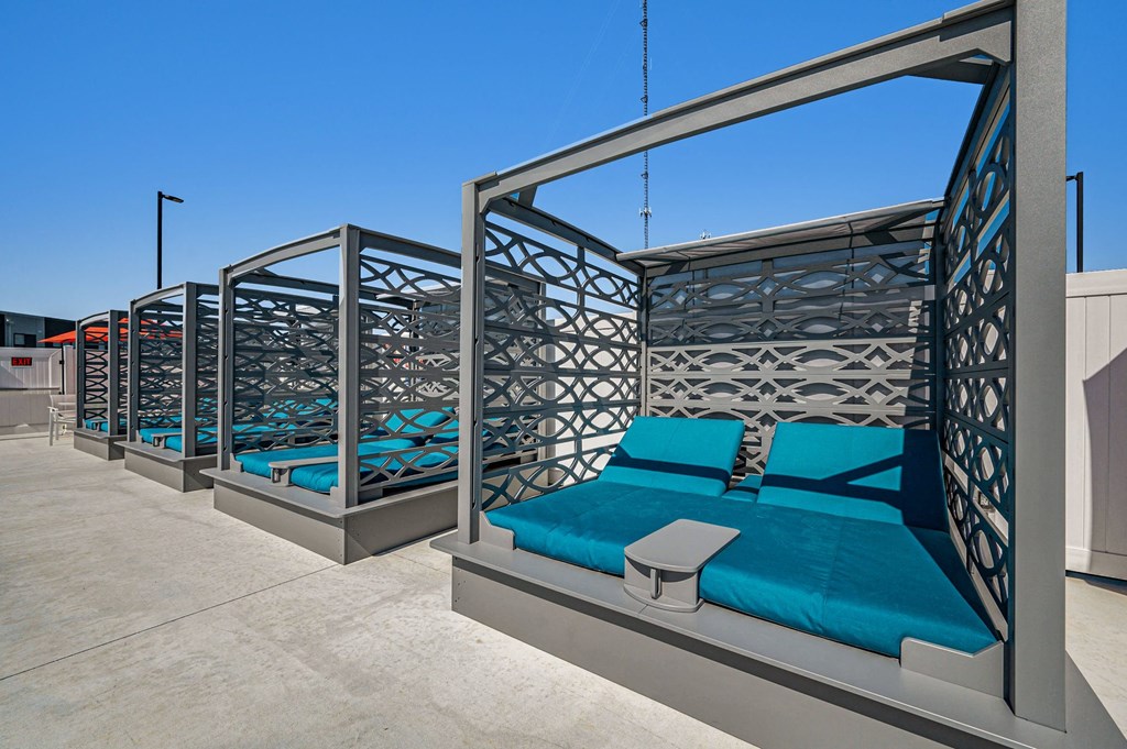 cabana with teal cushions  at Signature at West Pryor, Lee's Summit, Missouri